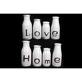 Set 4 Vintage White Love / Home Ceramic Milk Bottle Vases Ornaments (Love)