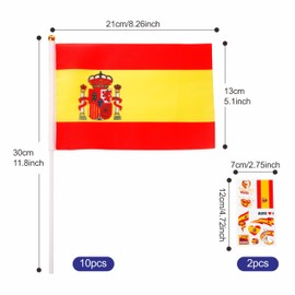 10pcs Small Spain Flags on Sticks & 2pcs Tattoos, Spanish Oly 2024 Decorations Mini Spanish Flags Hand Held Flags for Oly Games 2024 Sports Events National Day Party Decorations