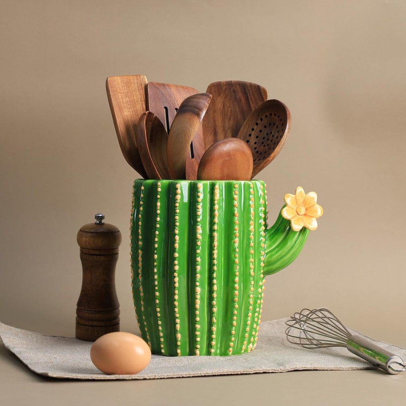 Bicuzat Cactus Shaped Ceramic Kitchen Utensil Holder, Large Cooking Utensil