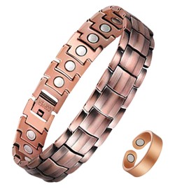 Jecanori 99.9% Copper Bracelet for Men with Ultra Strength Magnets,Effective Mens Magnetic Bracelet and Copper Ring,Adjustable Bracelet Length with Tools and Gift Box(Single row copper)