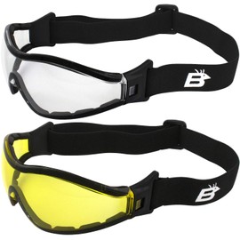 Birdz Eyewear Boogie Foam Padded Motorcycle Ski Skydiving Z87.1 Safety Goggles 2 Pairs Black Frames with Clear & Yellow Anti-Fog Lenses