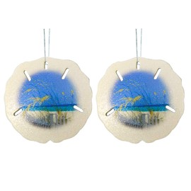 Sand Dollar Ornament with Painted Beach Scene Christmas Tree Pack, Nautical Hanging Home Decoration, 4 Inches, Set of 2