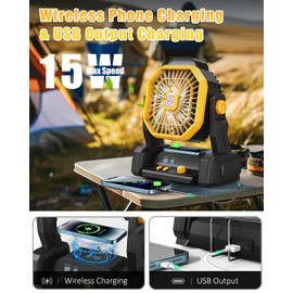 Rychi Camping Fan with 15W Wireless Charging, 10400mAh Rechargeable Battery Operated Fan with LED Light, Timer, 270°Head Rotation, Stepless Speed, Portable Outdoor Tent Fan for Picnic Home Jobsite
