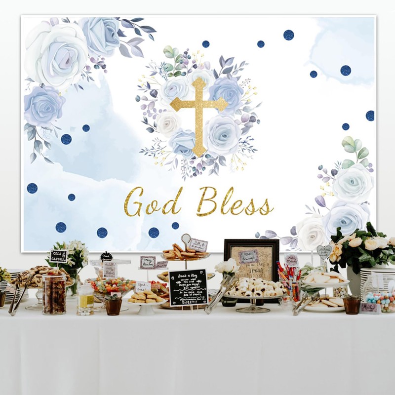 7x5ft God Bless Backdrop Blue Flowers Gold Cross Photography Background