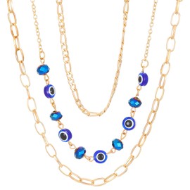 Wendalern Boho Evil Eye Pendant Necklace Layered Blue Demon Eye Necklace Layering Paperclip Chain Devil Eye Necklace Turkish Lucky Protection Jewelry for Women