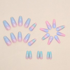 Coffin Press on Nails Medium Fake Nails Colorful Gradient Nails Press ons Glitter Glue on Nails Cute False Nails Full Cover Artificial Stick on Nails for Women 24Pcs