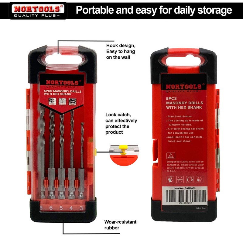 NORTOOLS Masonry Drill Bits 5 PCS Concrete Drill Bit Sets