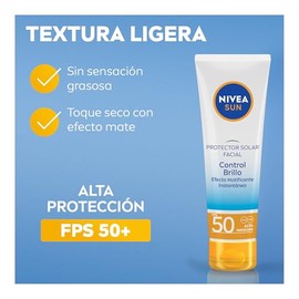 NIVEA SUN Protector Solar Facial Control Brillo Con Efecto Matificante Instantáneo y Protección Muy Alta De FPS50+ 50ml.Textura Ligera y Sin Sensación