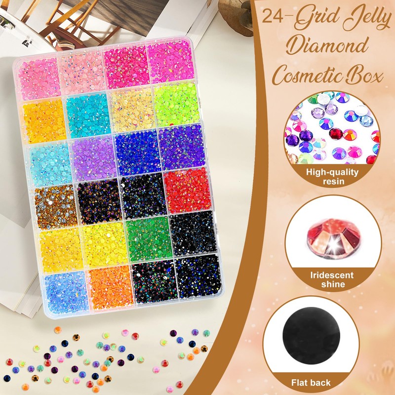 24 Colour Rhinestones for Nails, Rainbow Coloured Rhinestones Set, Nail