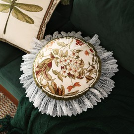 ISAENNE Design Round Vintage Cottage Throw Pillow Covers Diameter 16" Set of 2, Green Soft Velvet Cushion Cover with White Wild Floral Pattern Decor Pillowcases for Bed,Living Room,Outdoor,Car