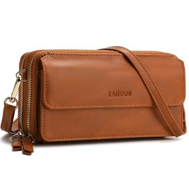 RFID Crossbody Wallet Wristlet Purse with Phone Pocket For Women Vegan Leather, Brown, S