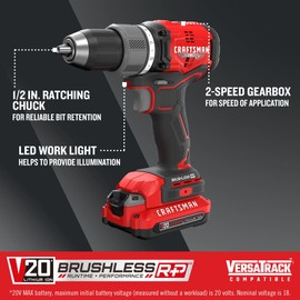CRAFTSMAN V20 1/2 Inch Cordless Drill/Driver Kit with 2 Batteries and Charger (CMCD713C1)