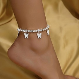 Butterfly Anklet for Women Ankle Bracelet Gold Silver Adjustable Rhinestone Tennis Charm Cute Jewelry Gift (Butterfly Silver)