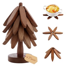 Wooden Trivets for Hot Dishes, Wood Coasters Set for Hot Pots and Pans, Heat Resistant Pads Teapot Trivet, Includes 4 Hot Pad and 1 Stand, Sapale Wood