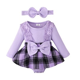 KAFIREN Baby Girl Clothes 0-3 Months Fall Winter Outfit Plaid Romper Long Sleeve Dress Lace Ruffles Bodysuit with Bow Headband (Purple, 0-3 Months)