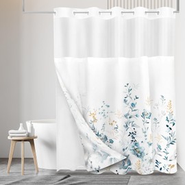 Tititex No Hooks Snap in Liner Watercolor Blue Floral Shower Curtain Sets, Hotel Luxury Double Layers Waterproof Fabric & See-Through Top Window Bathroom Decorative 71x71 Inch