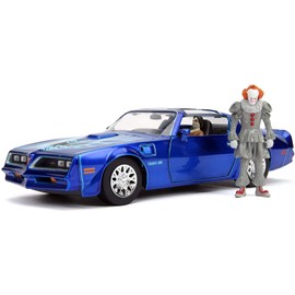 Jada Toys 253255022 Henry Bower's IT 1977 Pontiac Firebird Toy Die-Cast Includes Pennywise & IT Zombie Figure, Car, Doors, Boot + Opening Bonnet, 1:24, Blue
