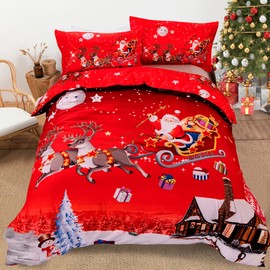 Christmas Duvet Cover Double Reversible Christmas Santa Claus Pattern Printed Bedding Duvet Cover with Zipper Closure for Kids Teens Adults,Soft Microfiber Xmas Bedding Set Double Size (Red, 3Pcs)