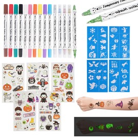Funtigee Temporary Tattoo Markers for Skin, 15 Body Markers + 4 Large sheets Tattoo Stencils & 5 sheets Glow In the Dark Stickers for Kids and Adults, Dual-End Tattoo Pens