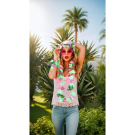 Hawaiian wreath Set, 8 pcs Flower Necklaces Headbands Bracelets, Green Purple Tropical Flowers with Leaves, for Beach Party Decorations, Festive Dress Up Accessories