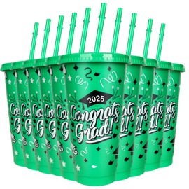 12 Pieces 2025 Graduation Plastic Cups with Lids and Straws 24 Oz Reusable Graduation Plastic Drinking Cup Class of 2025 Graduation Party Supplies for Graduation Hot Cold Drink Decorations (Green)