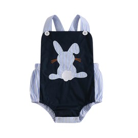 Easter Outfit Baby Boy Girl Sleeveless Bunny Embroidery Striped Suspender Romper Overalls One Piece Clothes Summer (Blue, 3-6 Months)