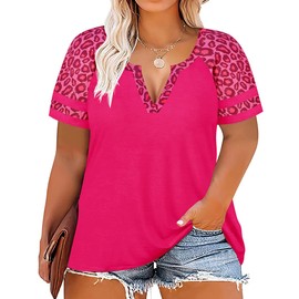 TIYOMI Plus Size Tunic Tops 3XL Color Block Stripes Deep V Neck Raglan Leopard Cheetah Animal Print Short Sleeved Tops Hot Pink 22W 24W