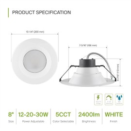 ASD 8 Inch Commercial Canless LED Downlight, Power Adjustable 12/20/30W Lighting, Dimmable Recessed Ceiling Light Fixture, 5 Color Temperatures 2700K-5000K, 120-277V IC Rated UL & Energy Star 4 Pack