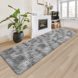 JiaoBaba Super Soft Fluffy Living Room Area Rug 2x8 ft Tie-Dyed Light Grey Shaggy Furry Carpet Washable Non-Slip Floor Rugs Bedroom Bedside Nursery Rug Fuzzy Boys Girls Dorm Home Decor Aesthetic