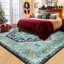 BESTSWEETIE Area Rugs 5x7 Rug for Living Room, Washable Rug 5x7, Non Slip Water Repellent Floor Carpet, Low Pile Soft Vintage Rug for Bedroom Dining Room Indoor-Bluegreen/Navy/Yellow