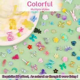 3D   Charms Mix  Flower Bear Bowknot  Charms Gummy Star Heart Lollipop  Hollow Heart Beads with Glue and Pickup Tools(18 with Glue):_5-24-White