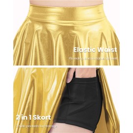 Auranso Girls Metallic Skater Skirt Sparkly Shiny Flared Pleated A-Line Mini Skort Gold 7-8 Years