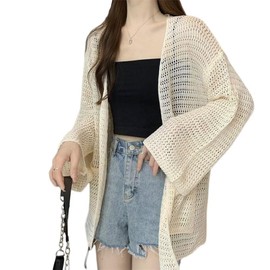 Vasarhely Women's Long Cardigan, Knitwear, Summer, Thin, Lightweight, Open Front, Air Conditioning, Sea, Transparent, Knitting, Spring, Summer, Autumn, beige, Free size