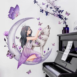 HOTIYOK Purple Flower Butterfly Wolf Girl Sitting on Moon Wall Sticker Decor DIY Wallpaper Wall Sticker Removable Boys Girls Bedroom Kids Room Wall Paper Art Nursery Removable Wall Sticker Decoration
