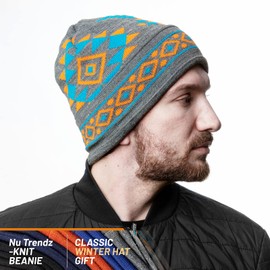 Nu Trendz Southwest Beanie Cuffed Knit Hat for Men & Women, Unisex Skull Cap Warm Indian Daily Winter Beanie for Cold Grey