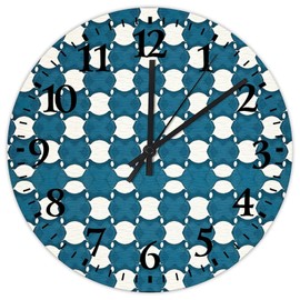 Silent Wall Clock Silent Non-Ticking Large Numbers Battery Operated Blue Geometric Ethnic Oriental Ikat Mid Century Colourful Wood Clocks Vintage Wooden Wall Decor for Family Room Hotel Pool 12 Inch