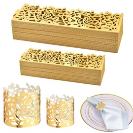 Lainballow 200 pcs Gold Napkin Rings, 5in 7in Laser Cut Hollow Napkin Holders, Disposable Napkin Bands, Flower Paper Napkin Rings with Self Adhesive for Wedding Party Events Dinner Table