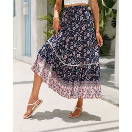 SotRong Summer Boho Midi Skirt Vintage Floral Print Gypsy Skirts High Waist Long Summer Dresses for Beach Holiday Navy Blue XL