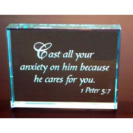 1 Peter 5:7 Bible Verse Hand Carved Etched Glass Paperweight