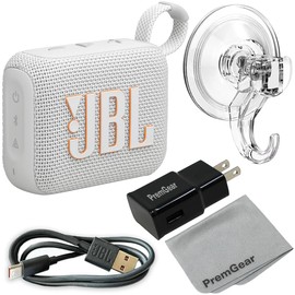 JBL Go 4 Ultra-Portable, Waterproof and Dustproof Bluetooth Speaker (White) with Punchy bass, 7-Hour Battery, Bundled with Clear Suction Hook, Charging Cable, Wall Adapter and Cloth