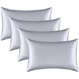 4pcs Natural Silky Satin Pillowcase 100% Pure Silky Satin Pillow Cover for Hair and Skin Anti Wrinkle Zipper Closure 1pc 19 Momme (Silver, Queen-20 * 30Inch)