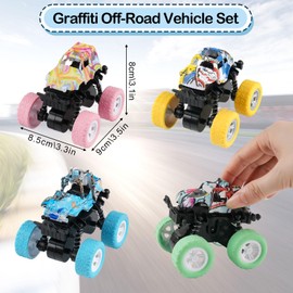 4 Pcs Monster Truck Toys, Age 2+ Years Boys Toys Cars, Pull Back Cars with Giant Wheels, Friction Inertia Truck Toys Racing Game, 360°Rotating Stunt Vehicles for Toddler Brithday