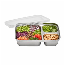 U Konserve Stainless Steel Rectangle Divided 3 Section Food Storage Bento Box Container, Leak Proof Silicone Lid Dishwasher Safe - Plastic Free, (24oz Clear)