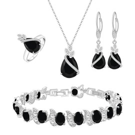GZWHD Black Jewelry Sets for Women Teardrop Black Earrings Necklace Set Open Ring Tennis Bracelet