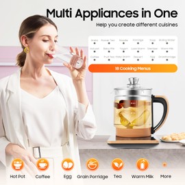 1.8L Multifunctional Electric Glass Kettle with 18 Cooking Functions, 800W Fast Boiling, 24H Timer, Tea Strainer & Steamed Egg Holder, Electric Hot Water Kettle for Tea, Coffee, Soup, Steamed Eggs