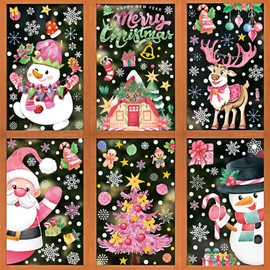Christmas Decorations Window Clings, Pink Window Decorations Stickers for Glass Xmas Decals Decorations, Santa Claus Reindeer Snowman Decals for Home Office School Party Decorations