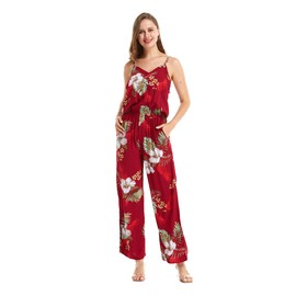Matchable Couple Hawaiian Luau V-Neck Jumpsuit with Pockets in Pineapple Garden Burgundy, Women, L