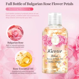 KUSTIE Travel Size Body Wash, Shower Gel, Body Wash Women With Real Rose Petals, Deep Moisture For Dry Skin, 24hr Renewingr Mild And Lasting Fragrance (3.38oz)