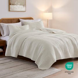 palassio Striped Beige 100% Cotton Quilt King Size Bedding Sets, Lightweight Crinkly Channel Pick Stitch Textured Bedspread Soft Shabby Chic Farmhouse Country Coverlet for All Season, 2 Shams