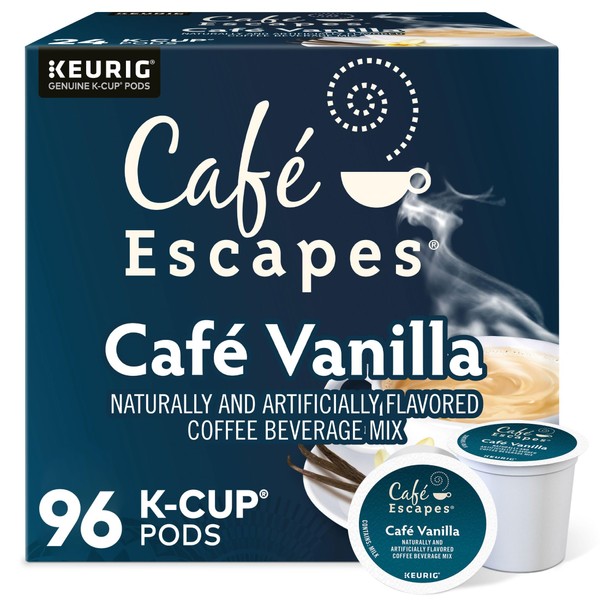Cafe Escapes, Cafe Vanilla Coffee Beverage, Single-Serve Keurig K-Cup Pods, 96 Count (4 Boxes of 24 Pods)